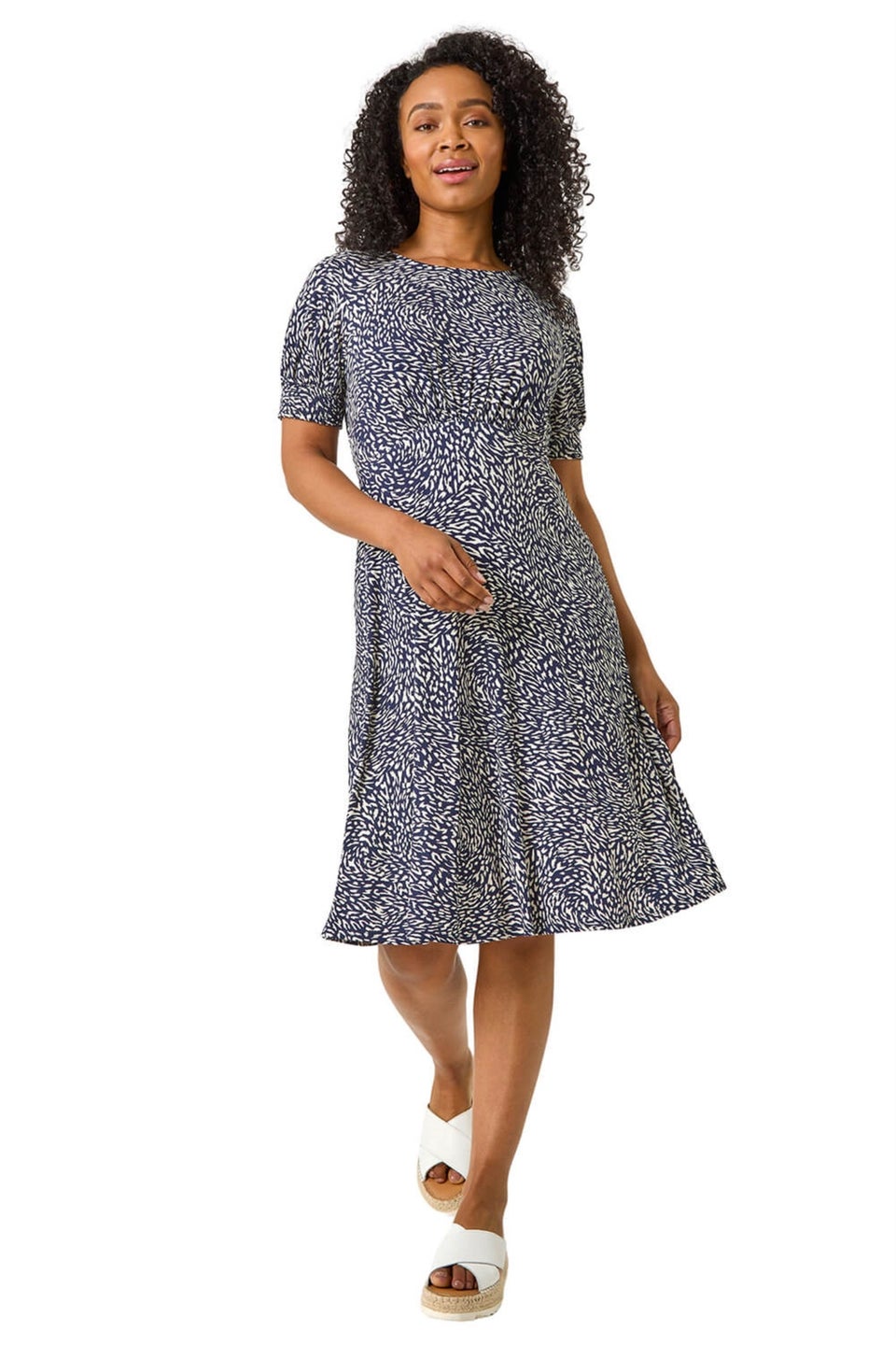 Roman Navy Petite Floral Print Shirred Stretch Dress