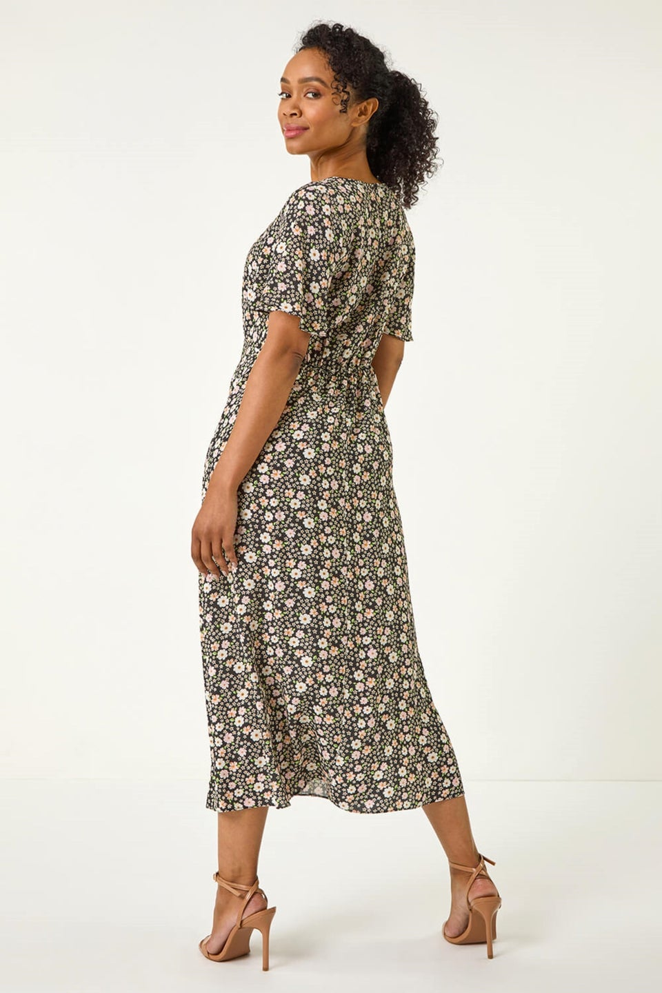 Roman Black Petite Ditsy Tea V-Neck Midi Dress