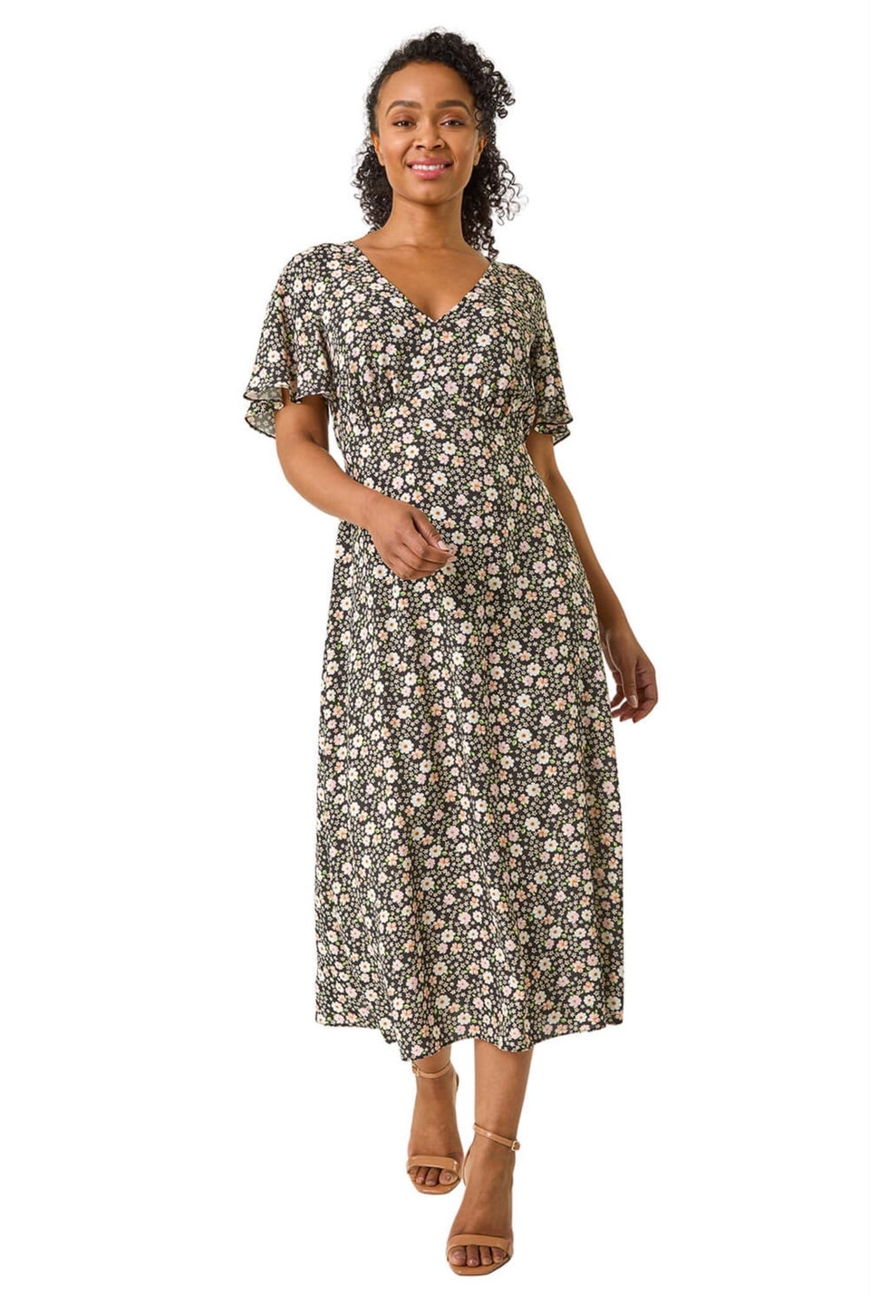 Roman Black Petite Ditsy Tea V-Neck Midi Dress