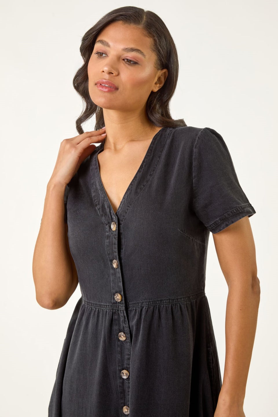 Roman Black Denim Button Through Midi Dress