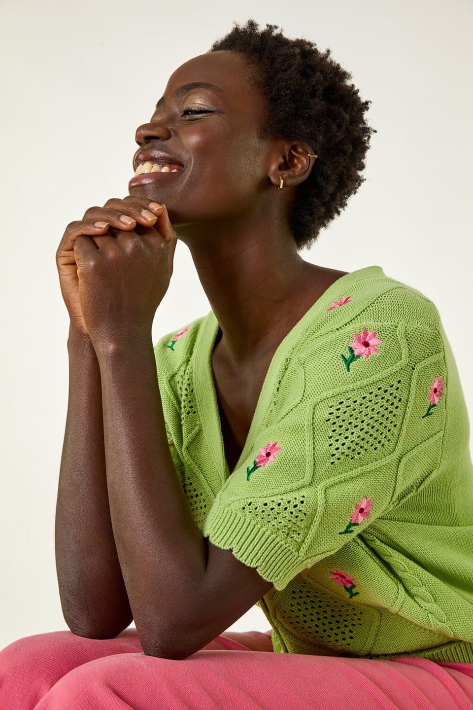 Roman Green Textured Floral Embroidered Cardigan