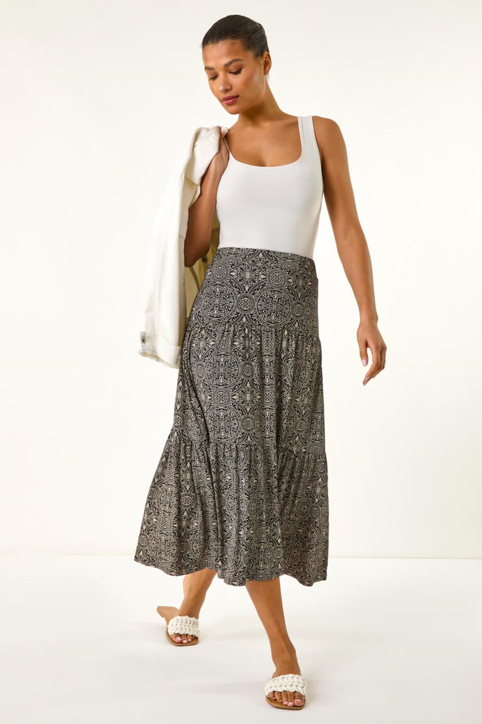 Roman Black Stretch Geometric Floral Midi Skirt