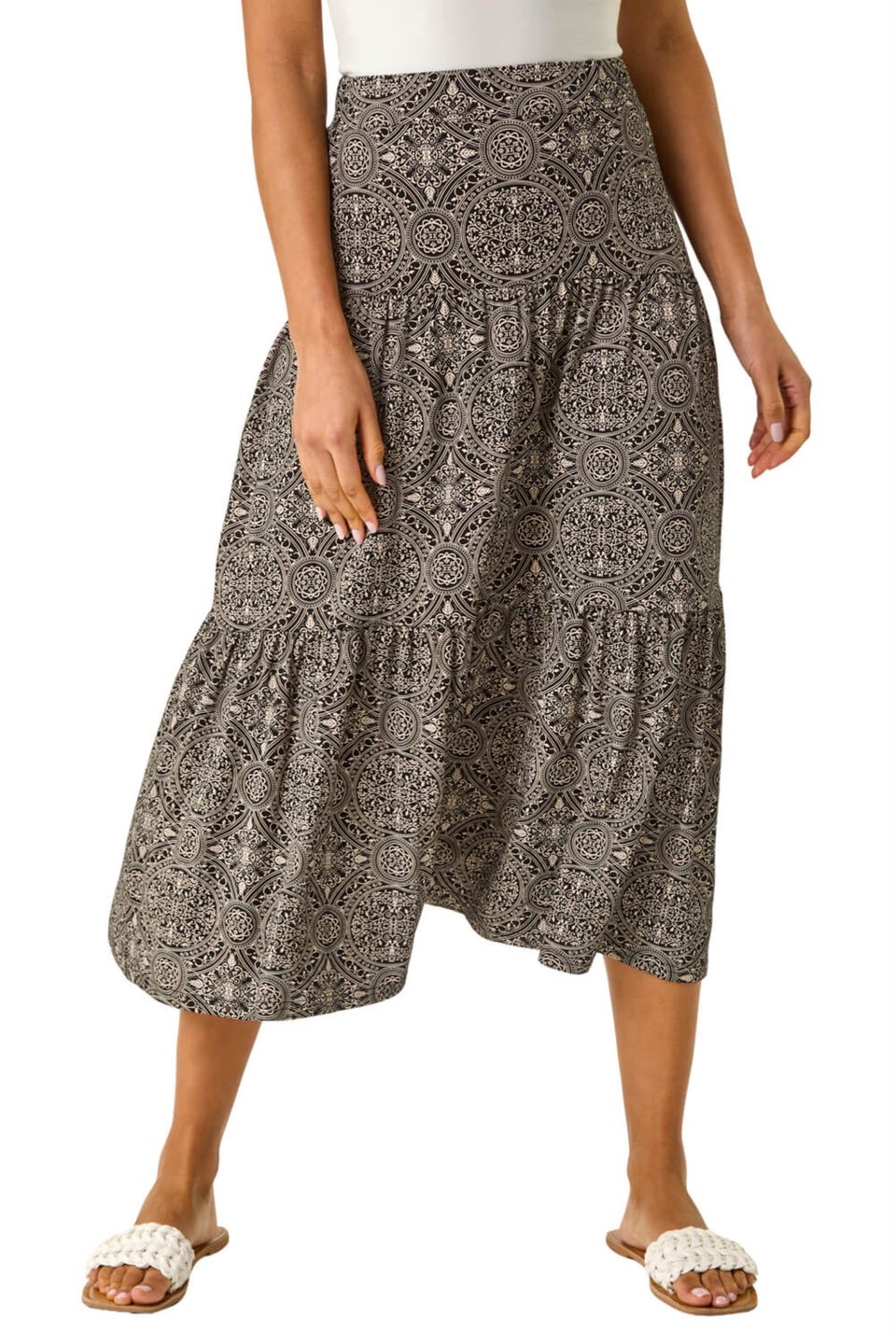 Roman Black Stretch Geometric Floral Midi Skirt