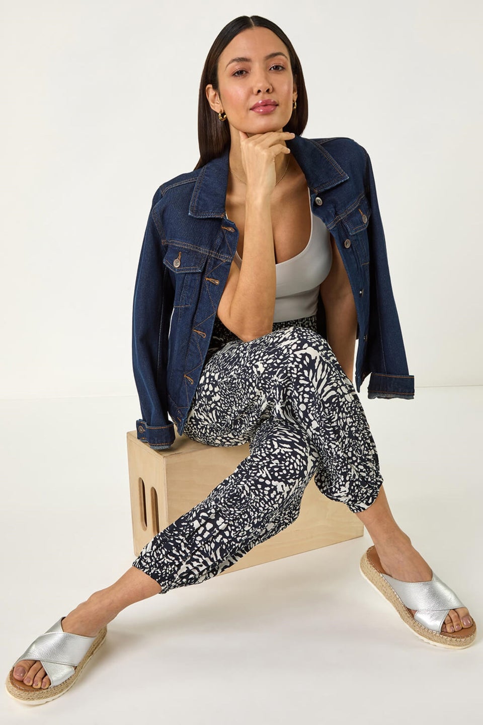 Roman Navy Abstract Animal Print Tie Waist Trousers