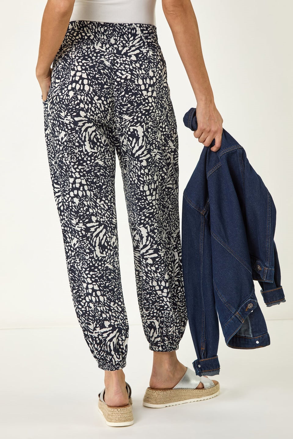 Roman Navy Abstract Animal Print Tie Waist Trousers