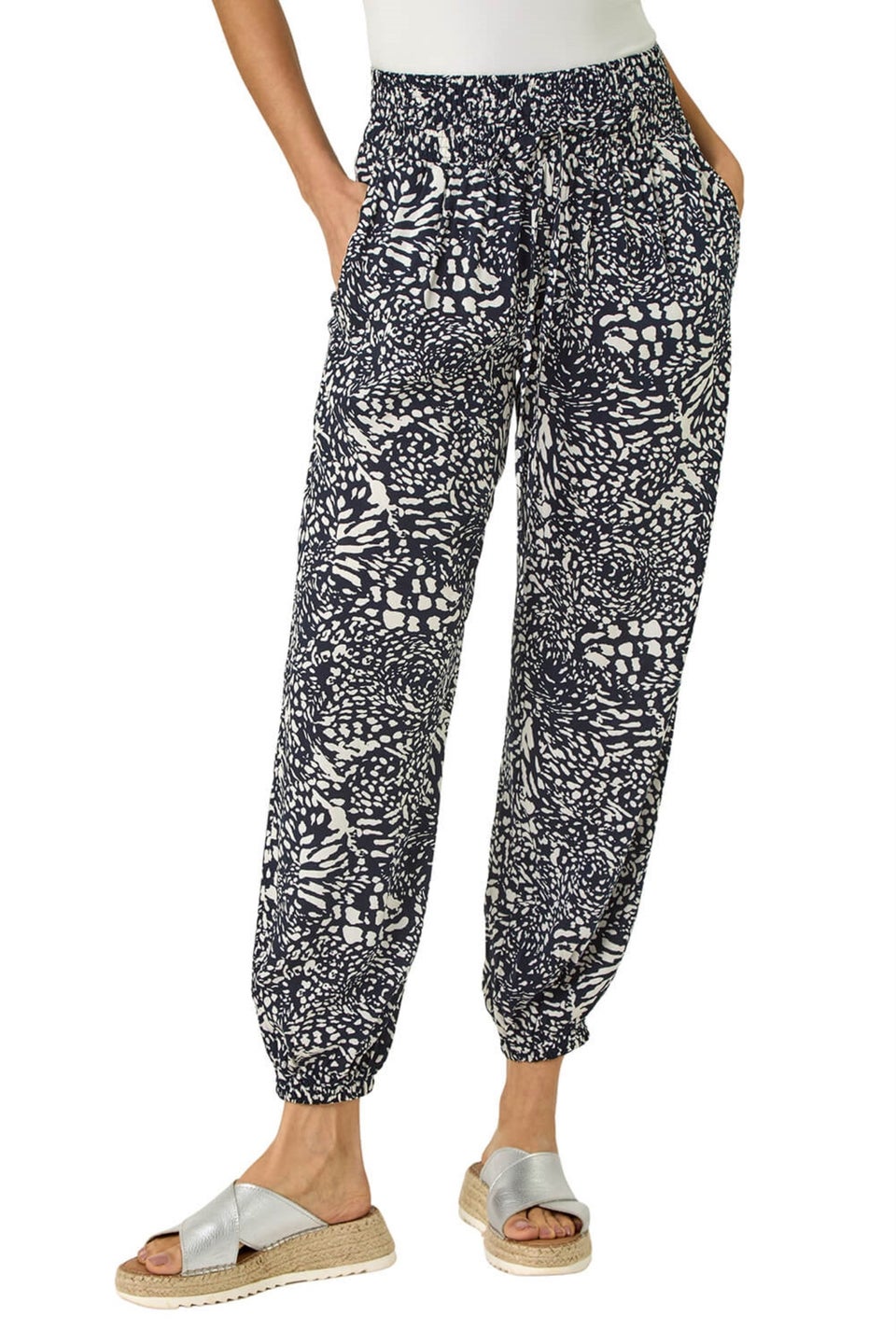 Roman Navy Abstract Animal Print Tie Waist Trousers