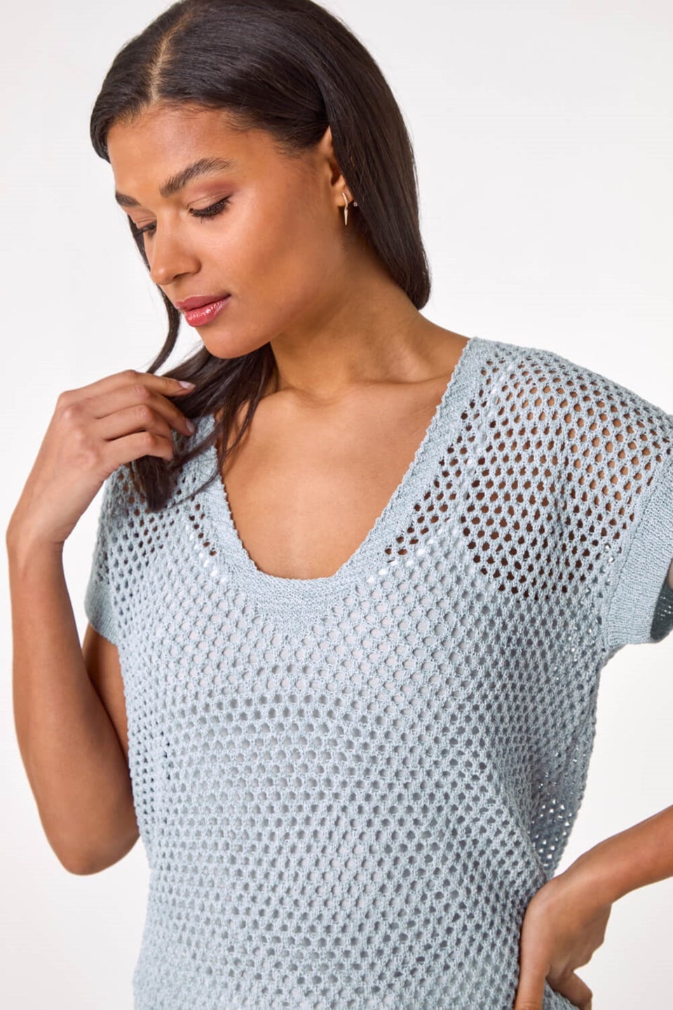 Roman Light Blue Double Layer Open Knit Top