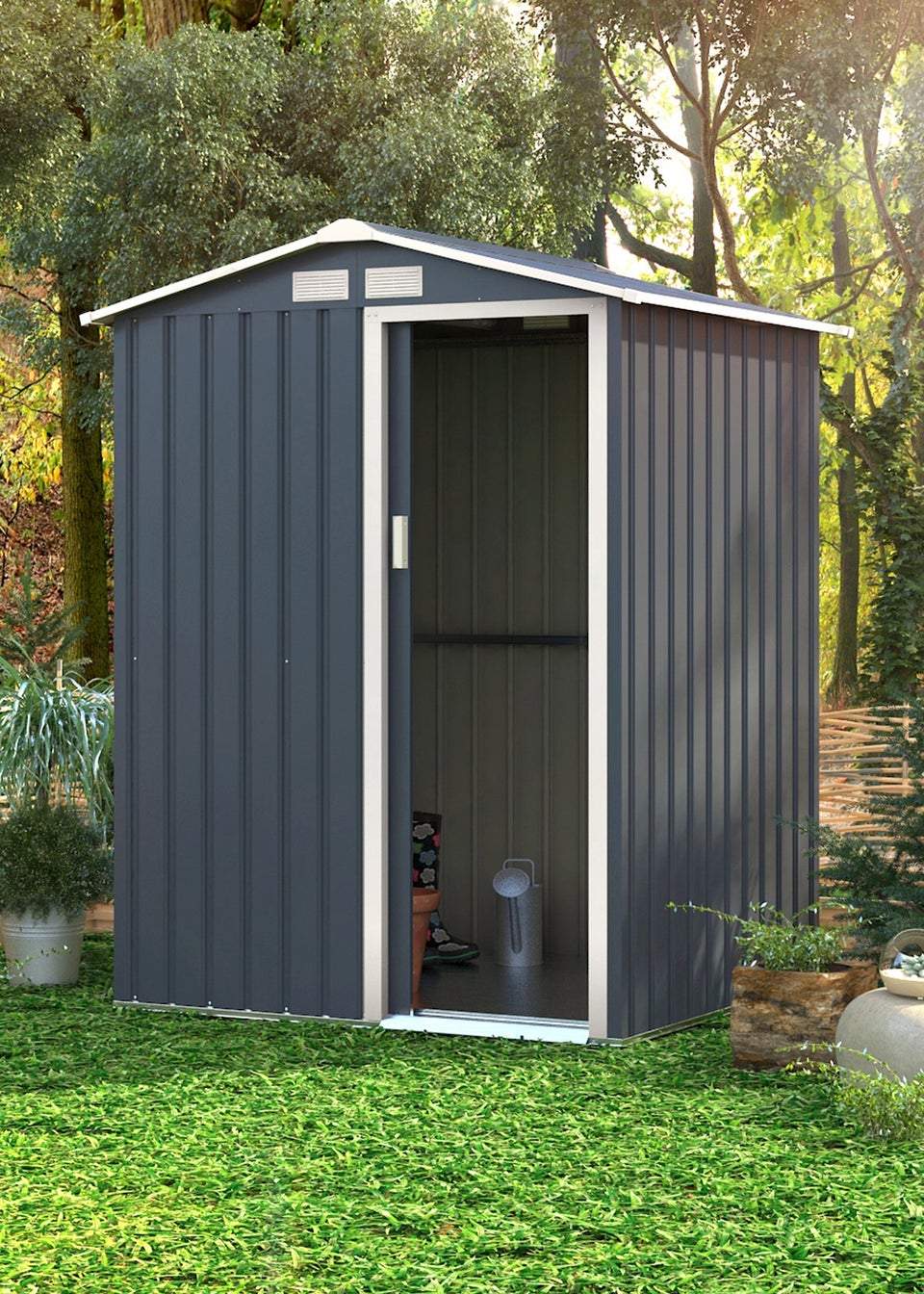 Charles Bentley 4.9ft x 4.3ft Metal Storage Shed Grey Small Apex