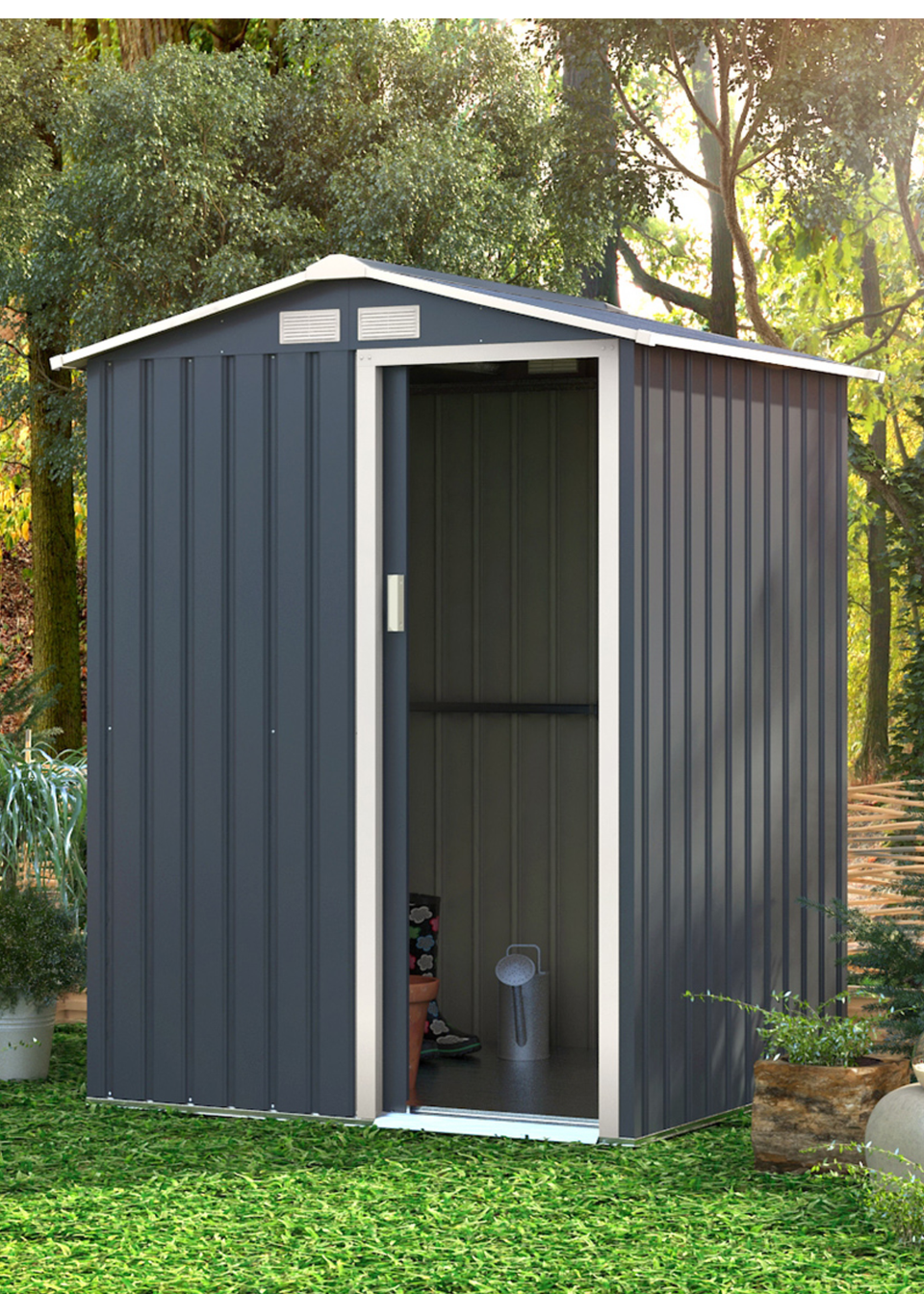 Charles Bentley 4.9ft x 4.3ft Metal Storage Shed Grey Small Apex