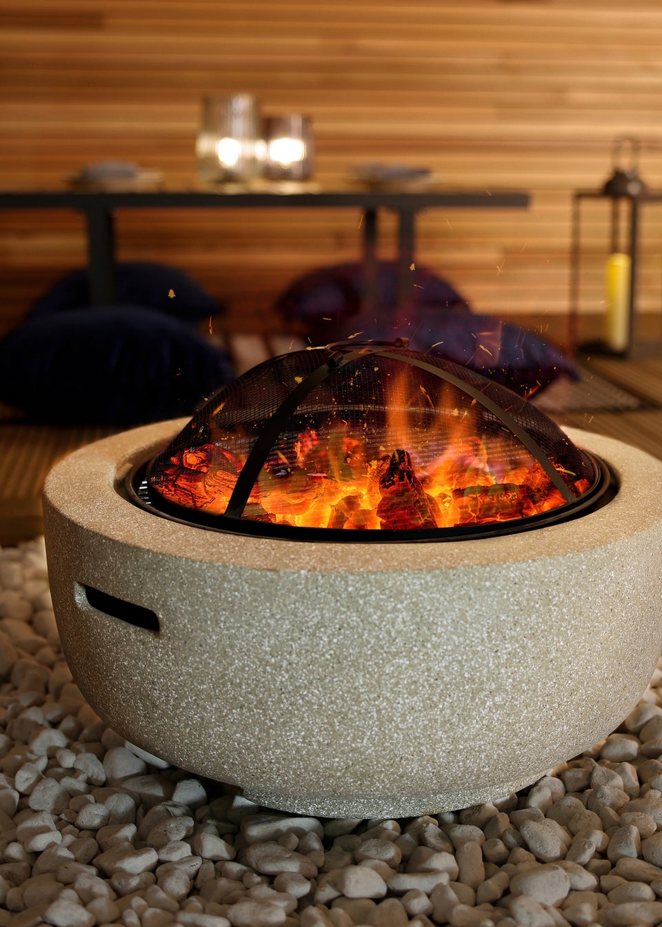 Charles Bentley Round Magnesia Fire Pit with Mesh Cover Cooking Grill