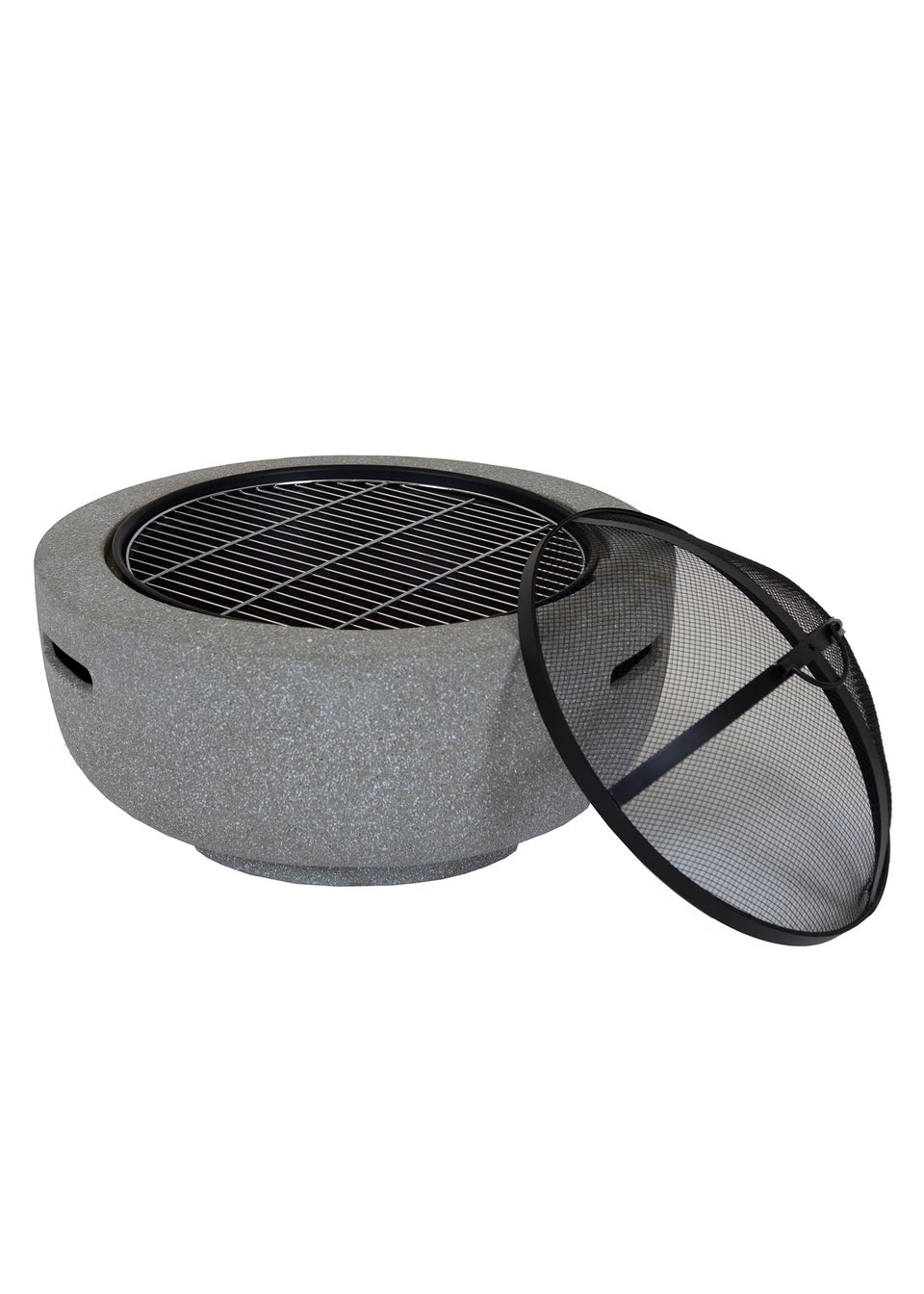 Charles Bentley Round Magnesia Fire Pit with Mesh Cover Cooking Grill