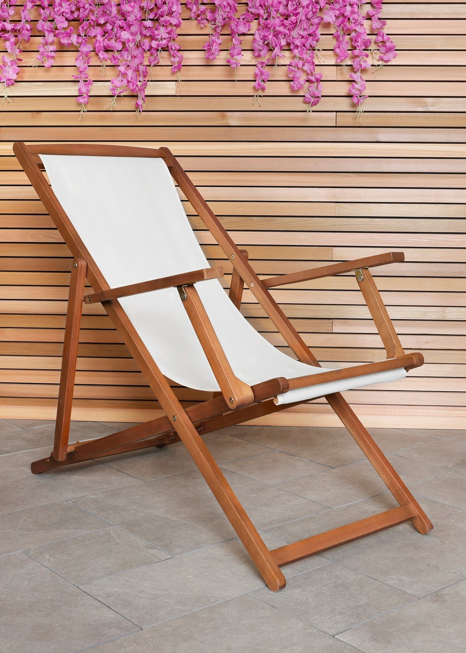 Charles Bentley Folding FSC Eucalyptus Wooden Deck Chair Beach Sun Lounger Cream