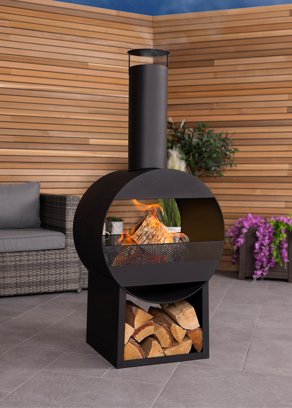Charles Bentley Black Powder Coated Steel Modern Patio Heater Chimenea