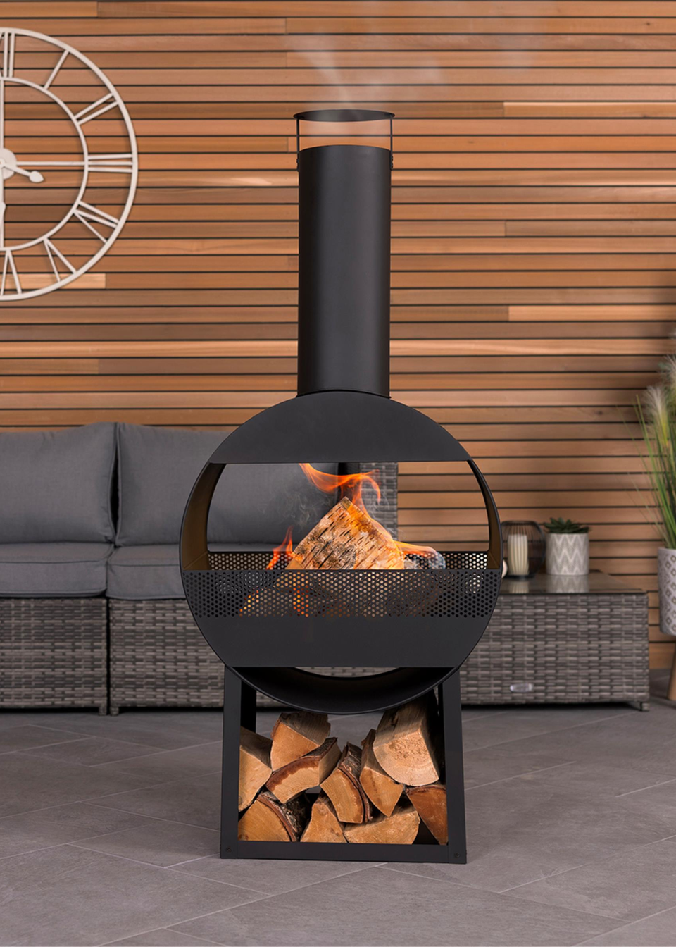 Charles Bentley Black Powder Coated Steel Modern Patio Heater Chimenea