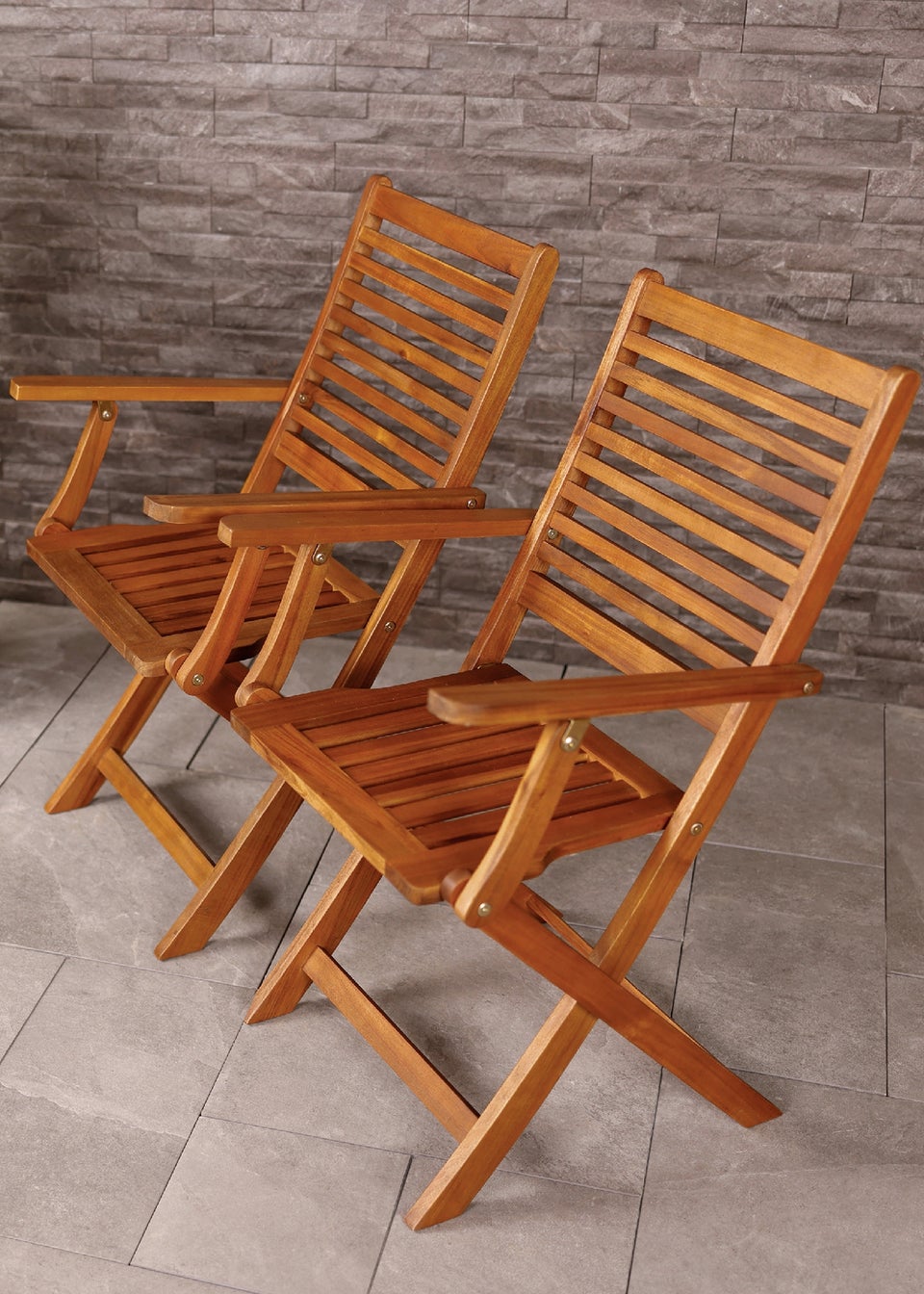 Charles Bentley FSC Acacia Wooden Pair of Foldable Outdoor Dining Armchairs
