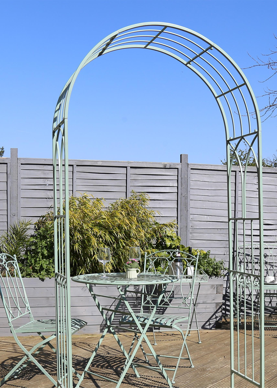 Charles Bentley Decorative Wrought Iron Arch Sage Green (H211cm x W103cm x D40.5cm)