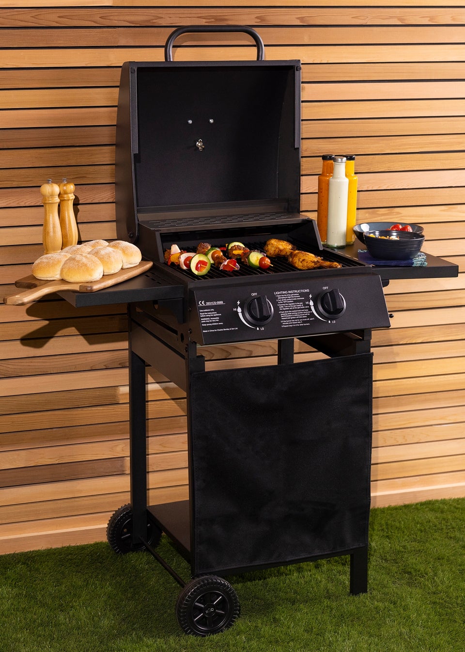 Charles Bentley Deluxe Auto Ignition 2 Burner Gas BBQ Grill Steel Barbecue