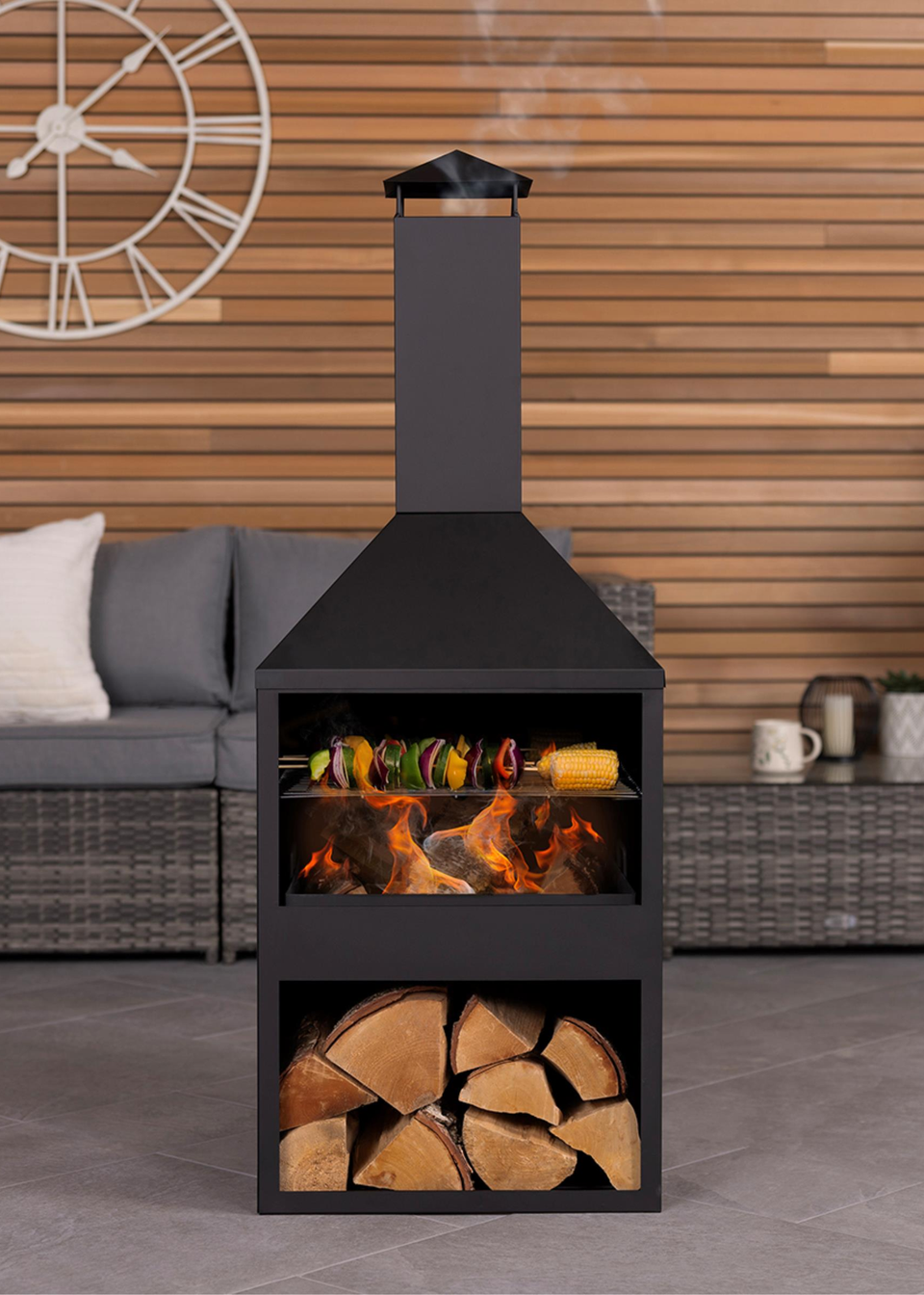 Charles Bentley Black Powder Coated Steel 118cm BBQ & Chimenea (H118cm x W44cm x D44cm)