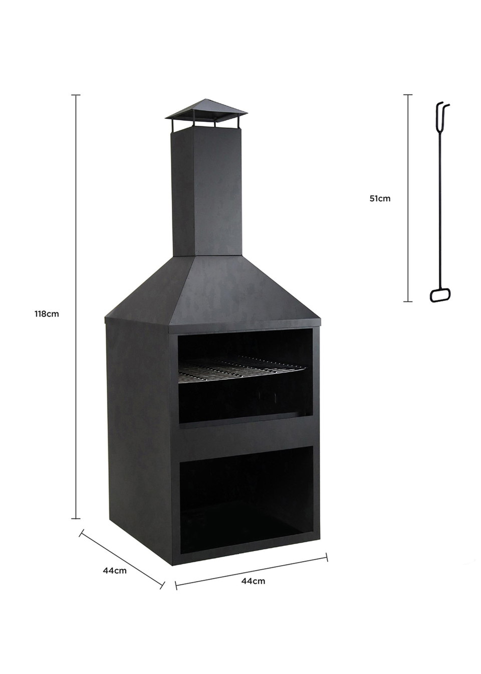 Charles Bentley Black Powder Coated Steel 118cm BBQ & Chimenea (H118cm x W44cm x D44cm)