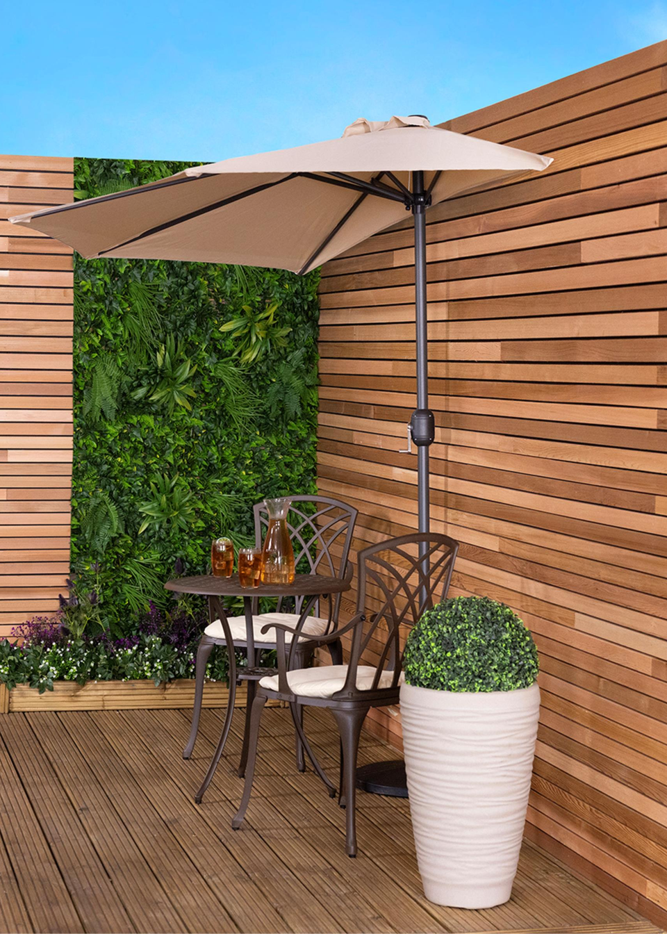 Charles Bentley Beige Metal Garden Balcony Half Umbrella With Crank Turn (H235cm x L135cm x W270cm)
