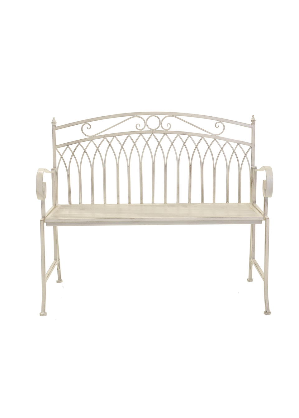 Charles Bentley Wrought Iron Feminine Bench Antique White (H89cm x L104.5cm x W54cm)