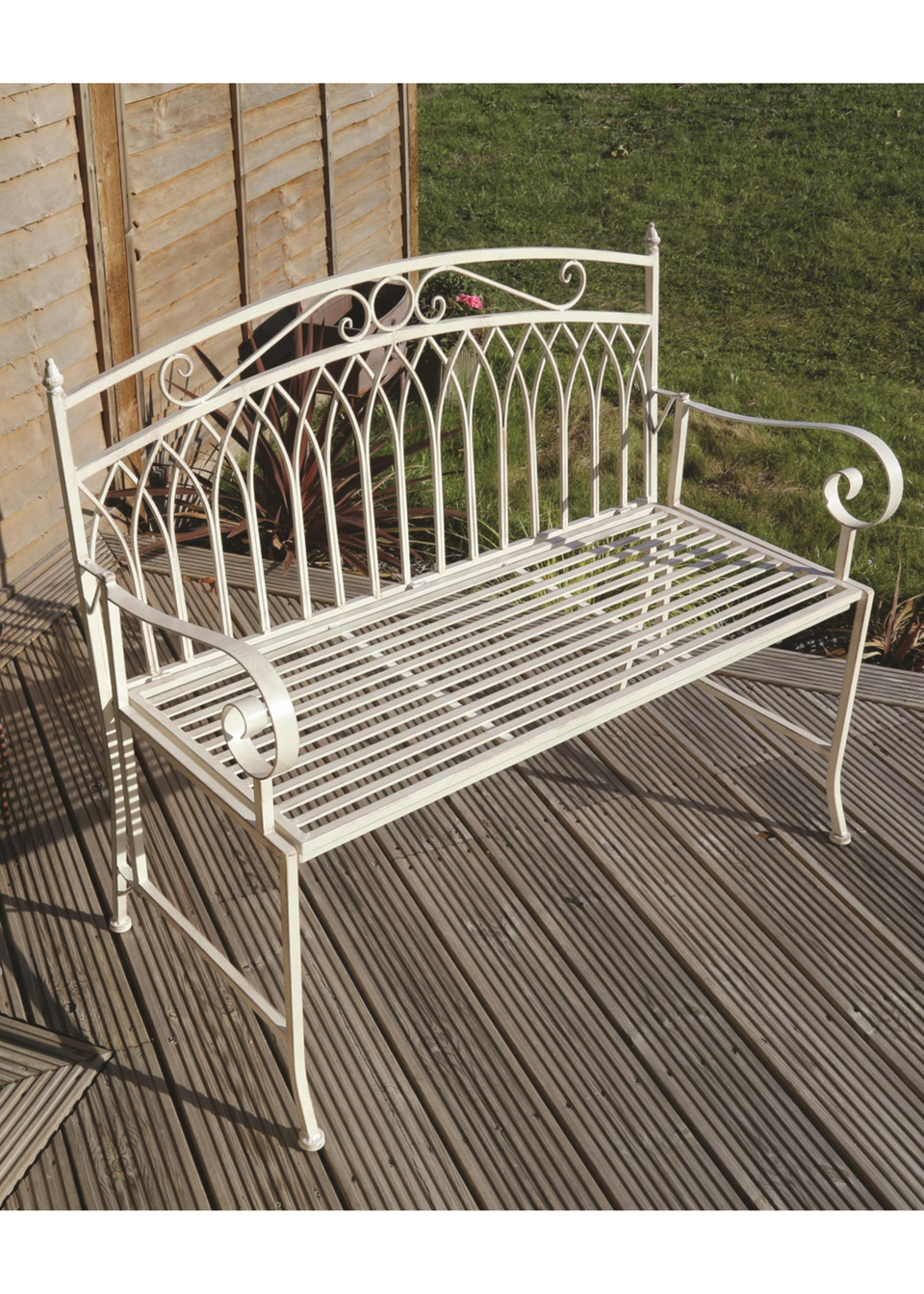 Charles Bentley Wrought Iron Feminine Bench Antique White (H89cm x L104.5cm x W54cm)