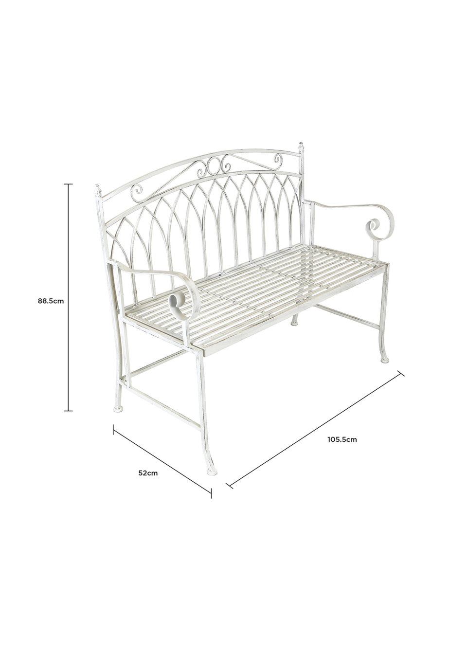 Charles Bentley Wrought Iron Feminine Bench Antique White (H89cm x L104.5cm x W54cm)