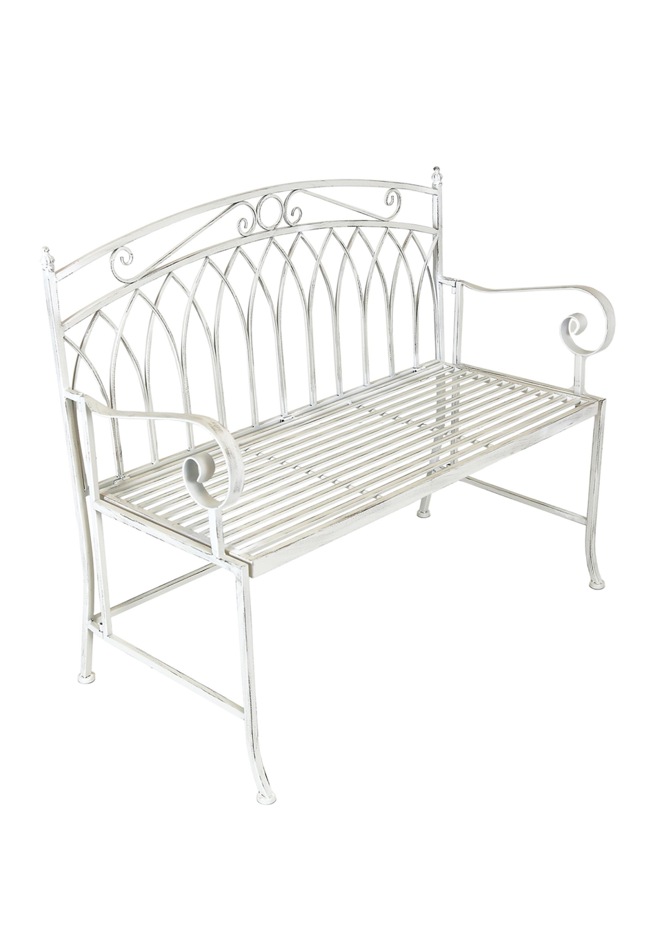 Charles Bentley Wrought Iron Feminine Bench Antique White (H89cm x L104.5cm x W54cm)
