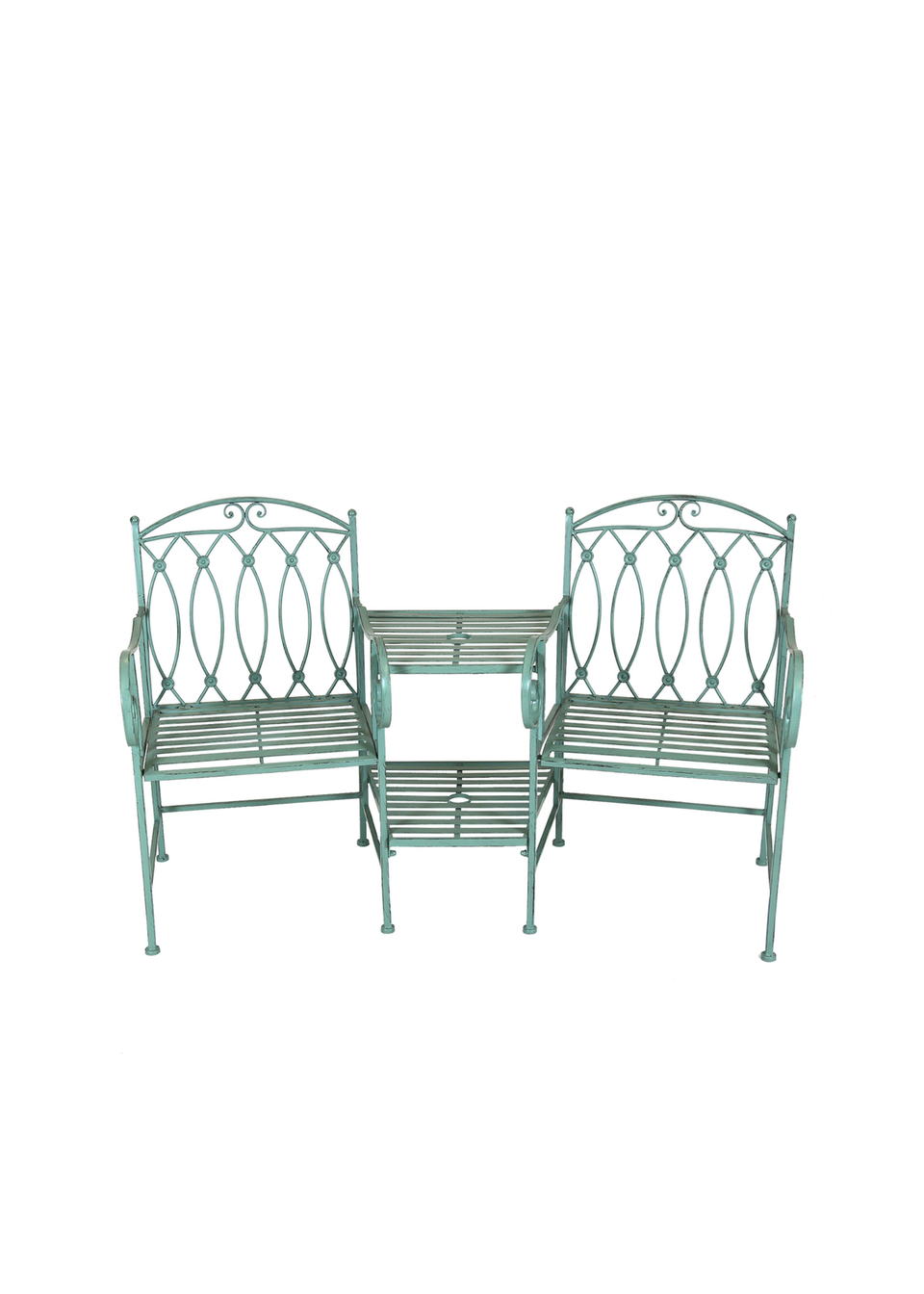 Charles Bentley Wrought Iron Rustic Companion Seat for Two Sage Green (H68.5cm x W155cm x D91.5cm)