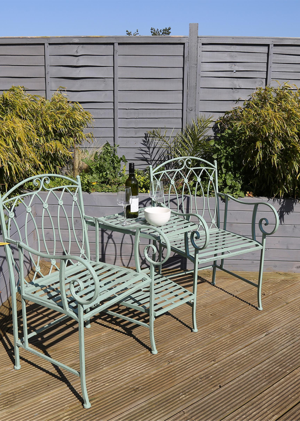 Charles Bentley Wrought Iron Rustic Companion Seat for Two Sage Green (H68.5cm x W155cm x D91.5cm)