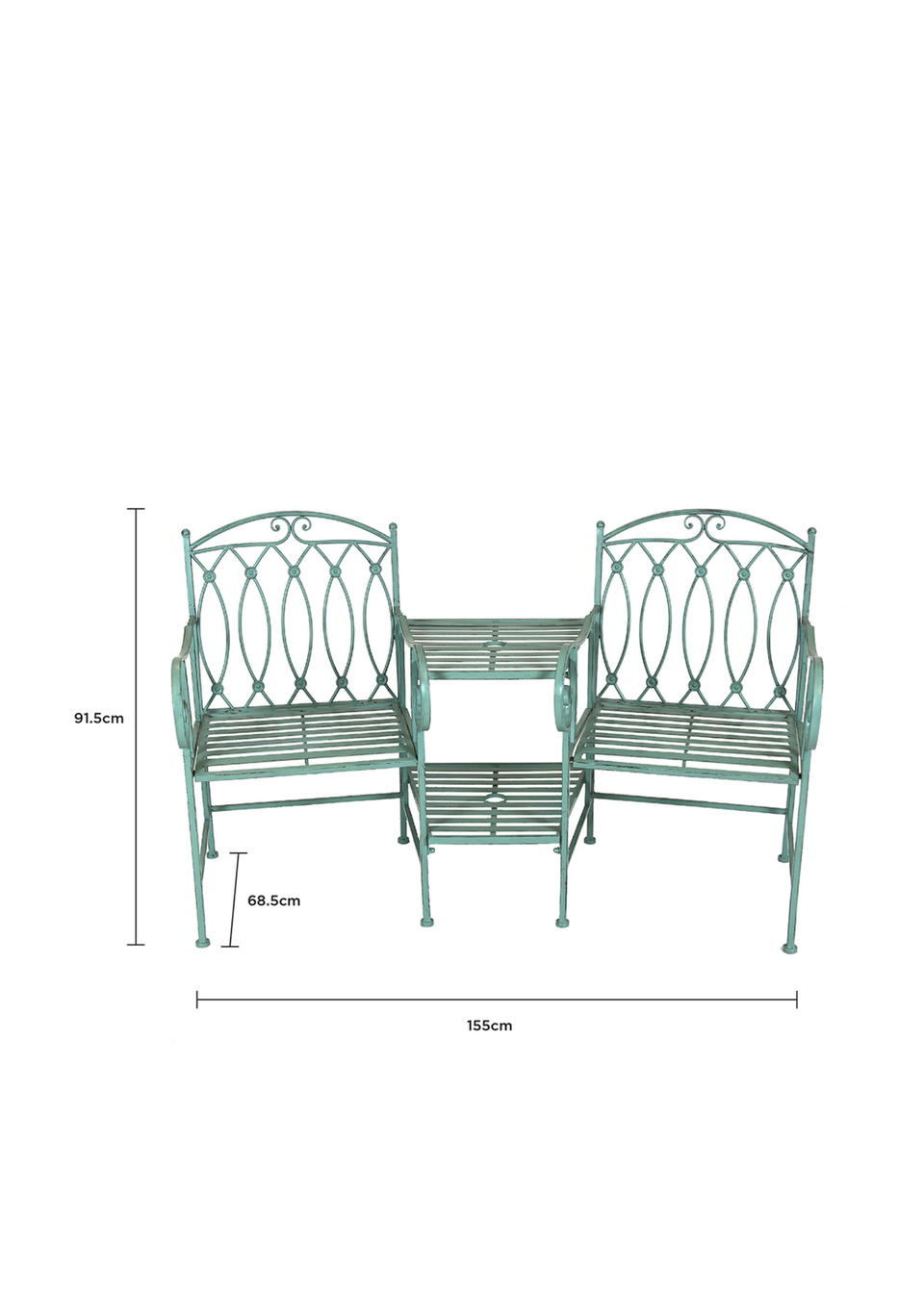 Charles Bentley Wrought Iron Rustic Companion Seat for Two Sage Green (H68.5cm x W155cm x D91.5cm)