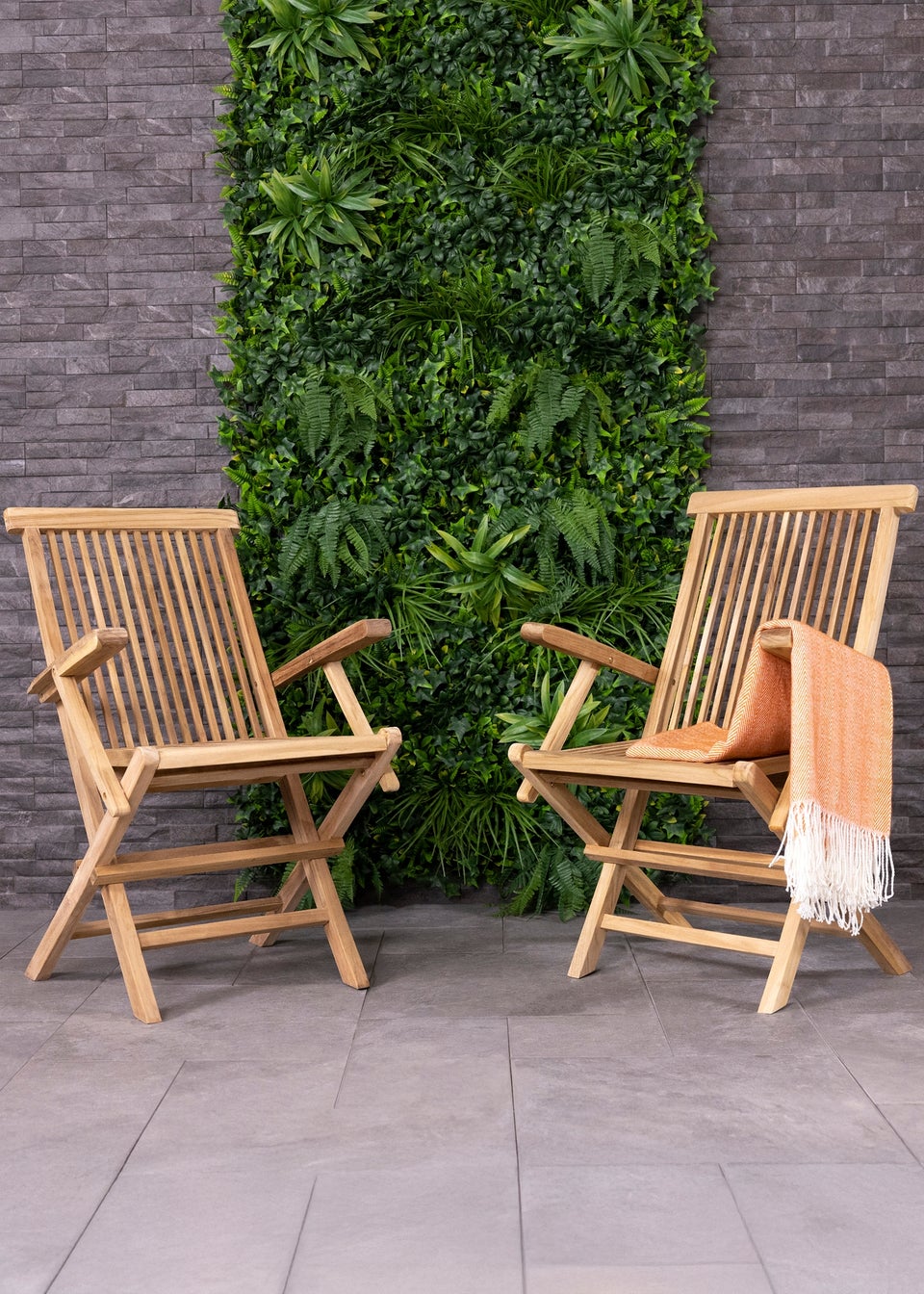 Charles Bentley Pair of Solid Wooden Teak Garden Outdoor Folding Arm Chairs