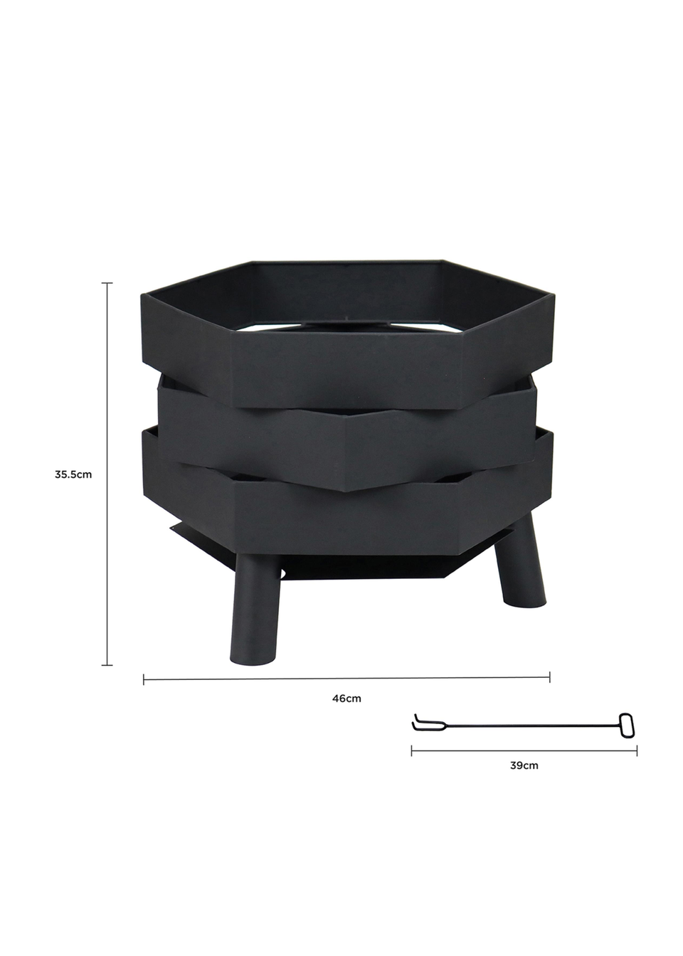 Charles Bentley Hexagonal 46cm Black Powder Coated Steel Modern Firepit (H35.5cm x W46cm x D46cm)