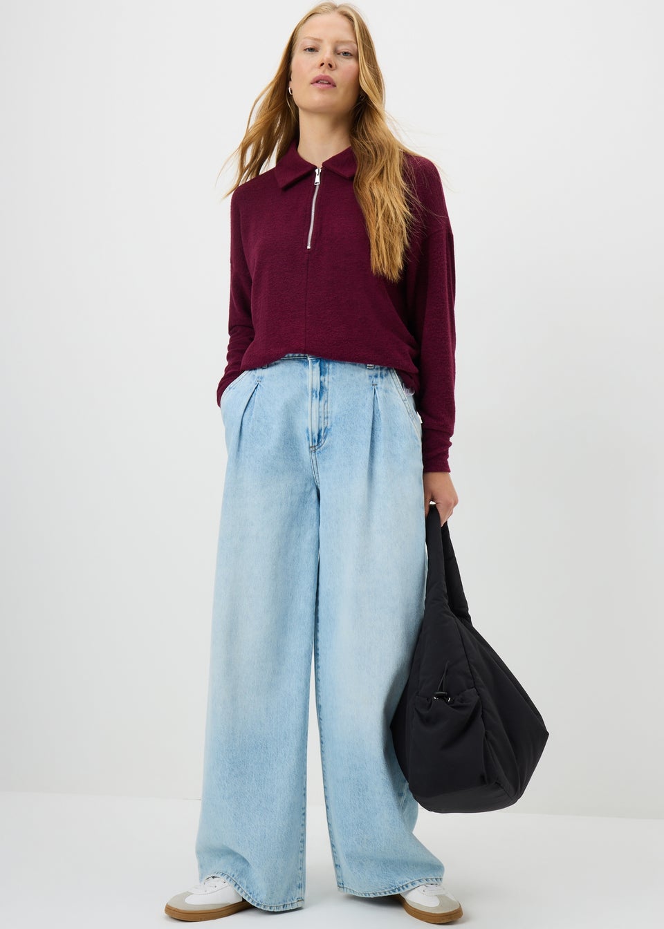 Burgundy Zip Collared Knit Jumper