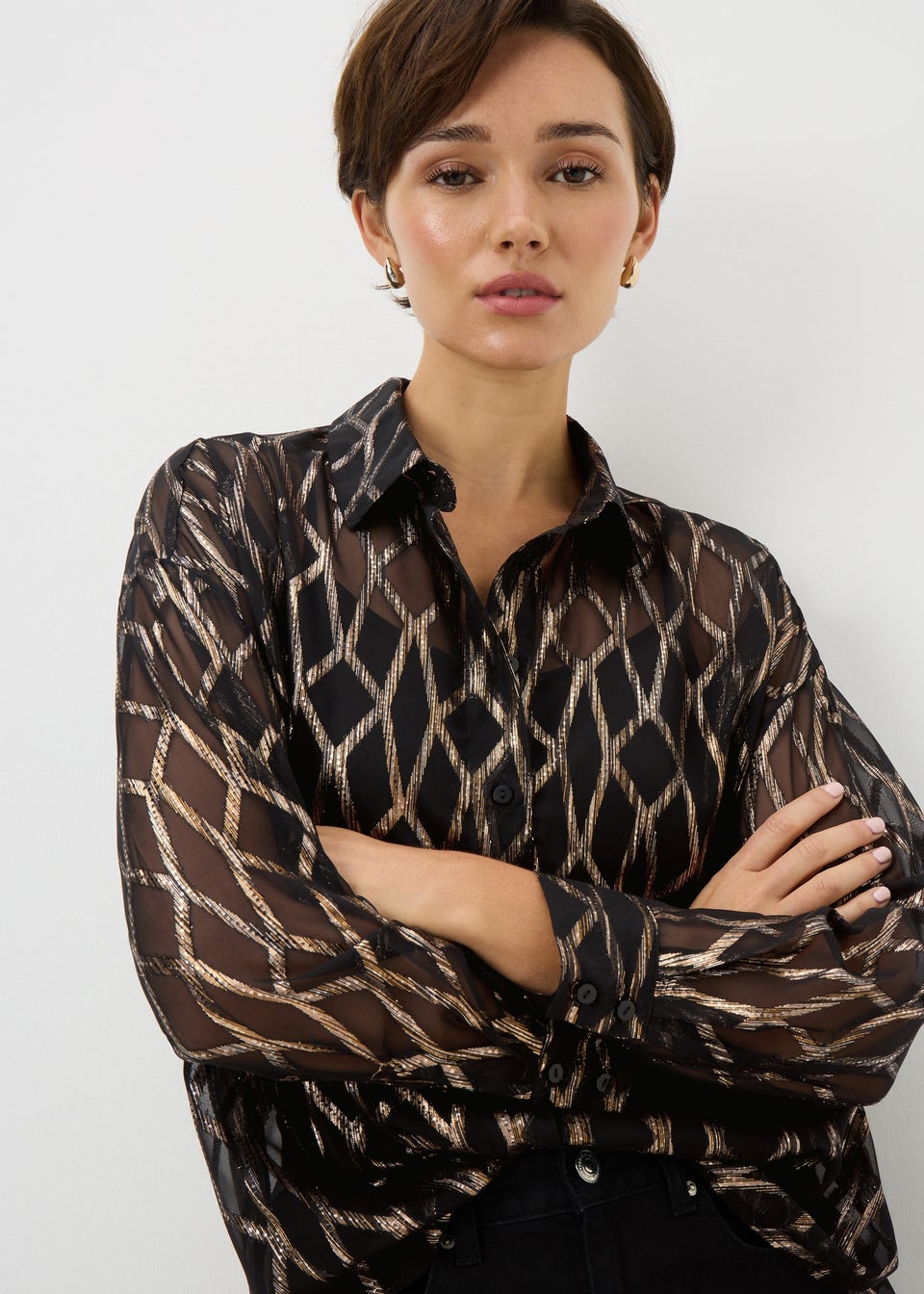 Black Sparkle Foil Long Sleeve Shirt
