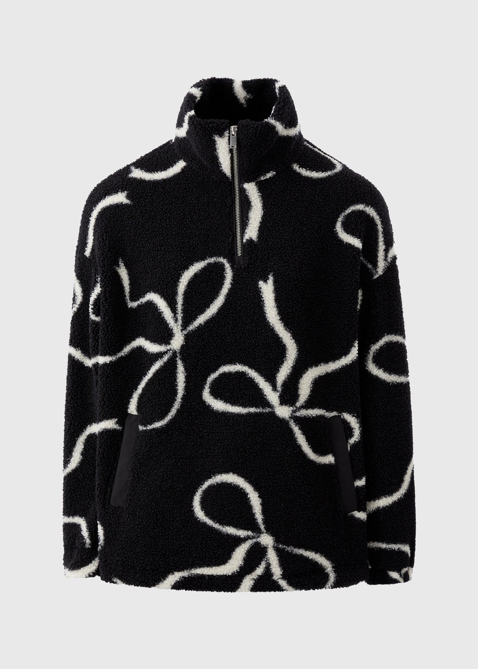 Black Bow Print Half Zip Fleece Top