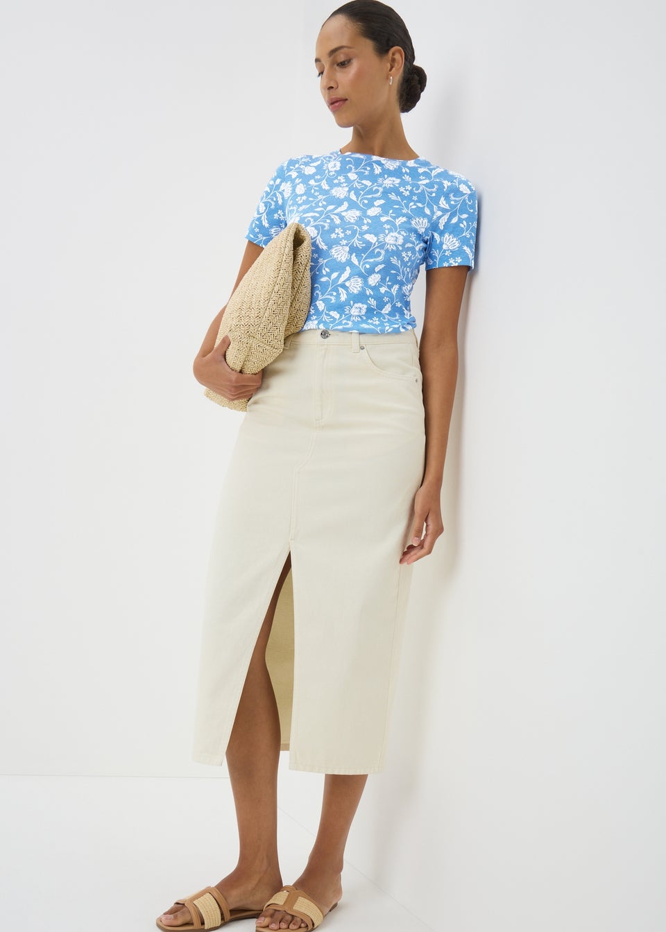 Blue Floral Print Fitted T-Shirt