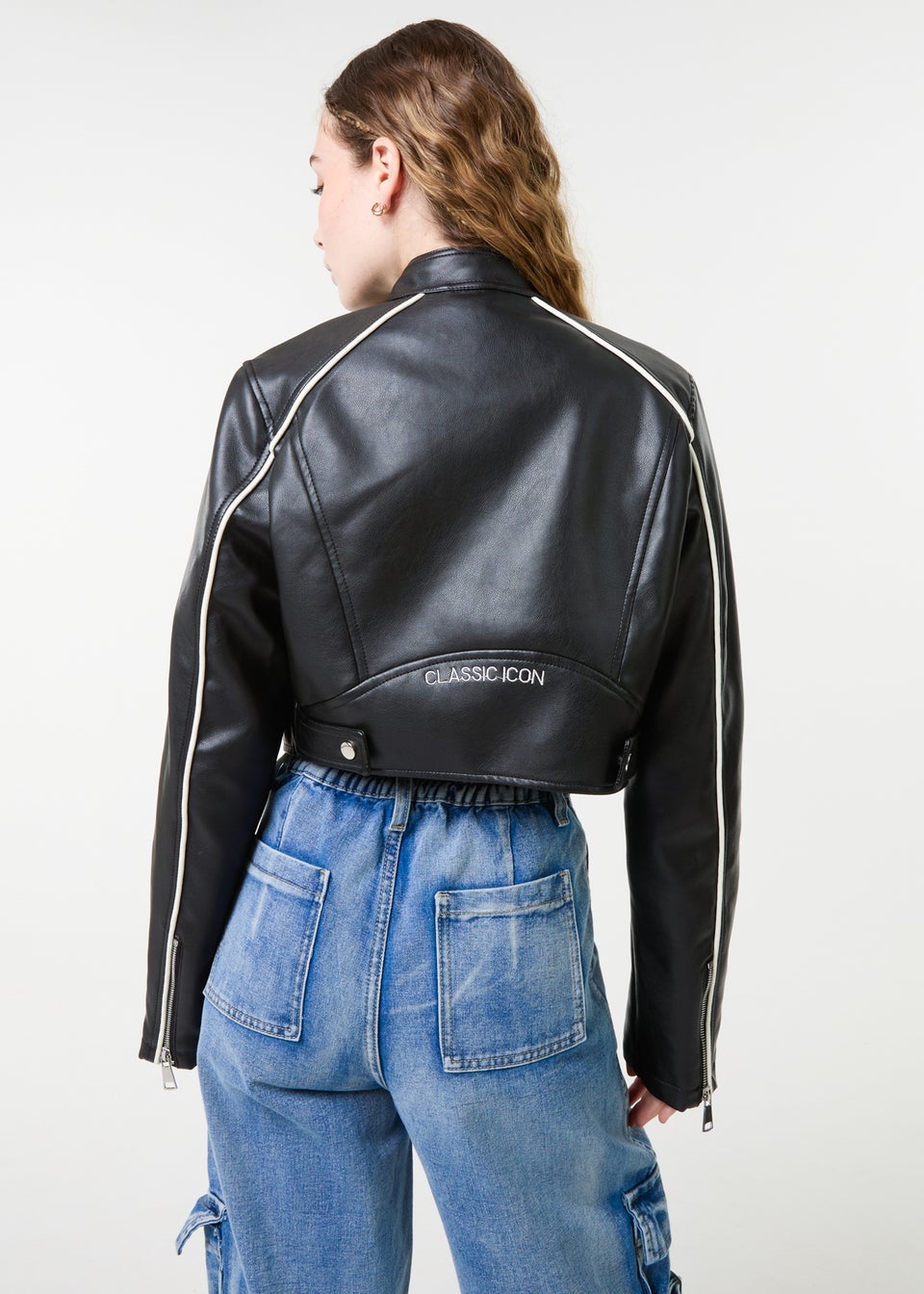 Pink Vanilla Black Badge Racer Cropped PU Jacket