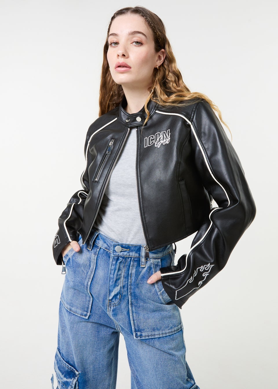 Pink Vanilla Black Badge Racer Cropped PU Jacket