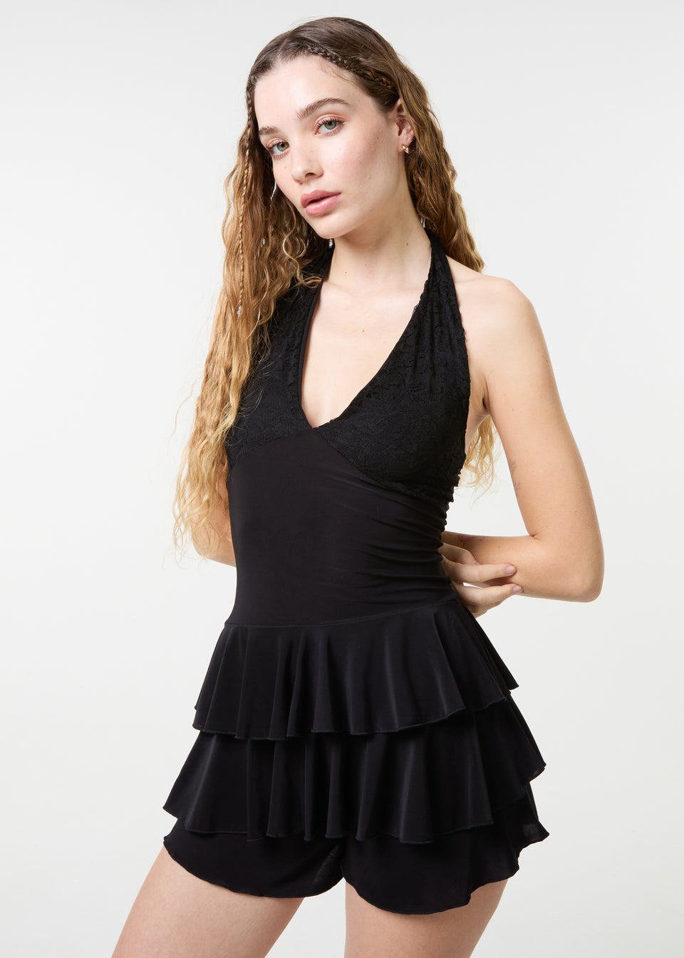 Pink Vanilla Black Lace Halter Neck Ruffle Playsuit