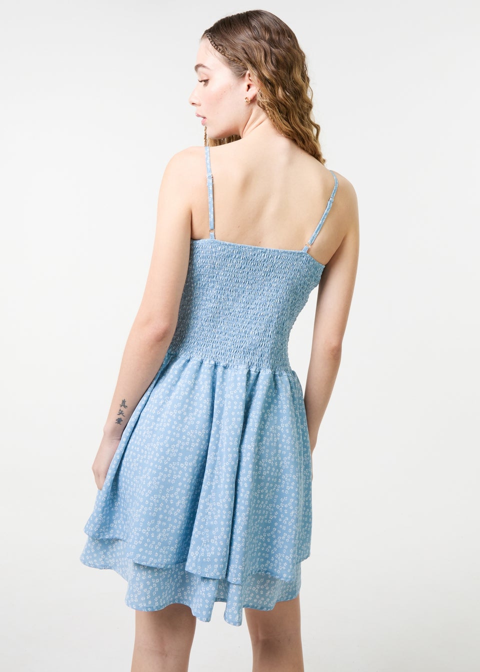 Pink Vanilla Blue Shirred Ruffle Mini Dress