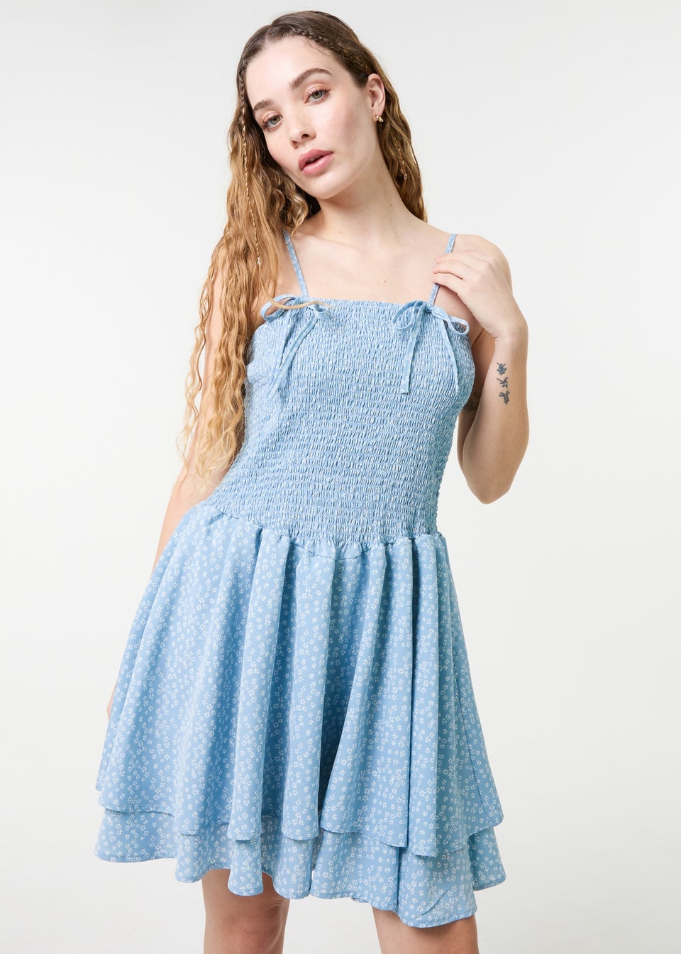 Pink Vanilla Blue Shirred Ruffle Mini Dress
