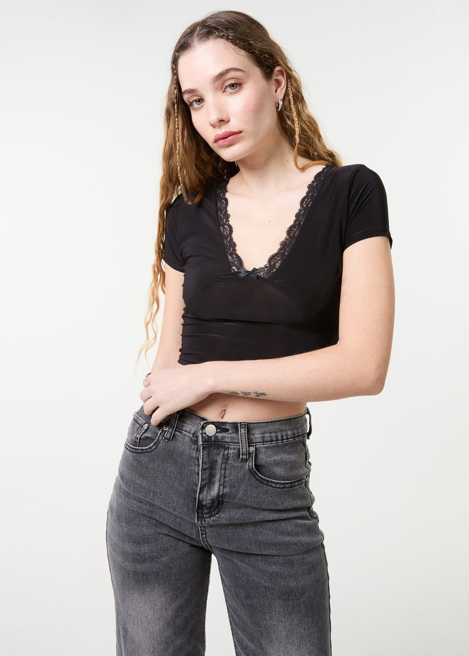 Pink Vanilla Black Slinky V Neck Top With Lace Trim