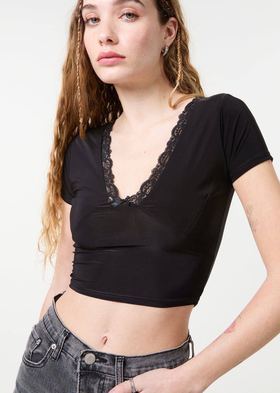 Pink Vanilla Black Slinky V Neck Top With Lace Trim