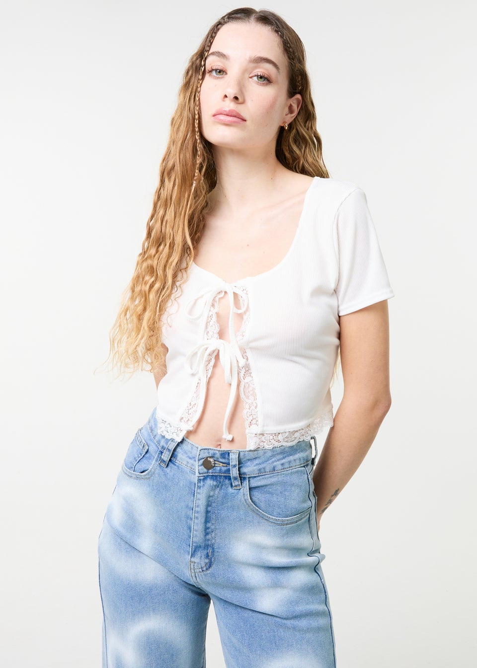 Pink Vanilla Ivory Ribbed Lace Tie Front Top
