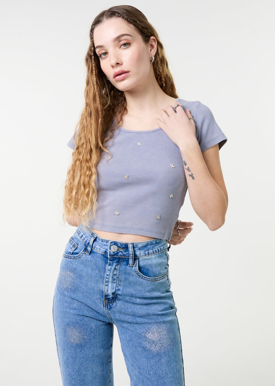 Pink Vanilla Blue Embellished Wash Rib Top