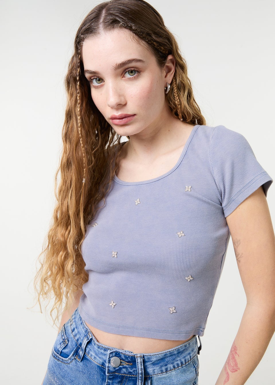 Pink Vanilla Blue Embellished Wash Rib Top