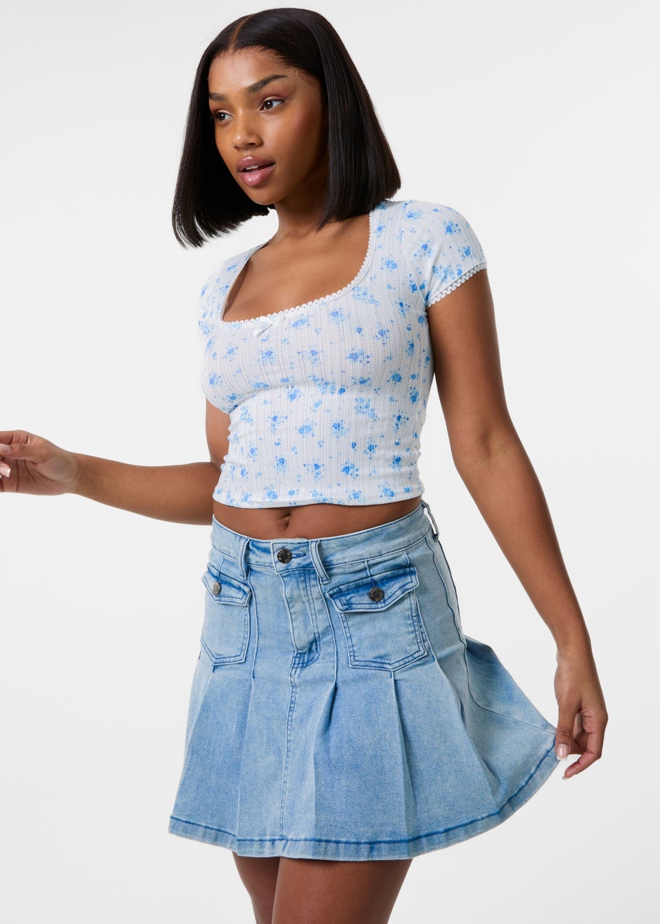 Pink Vanilla Ivory Pointelle Ditsy Print Crop Top