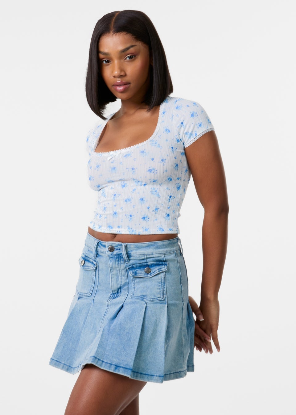 Pink Vanilla Ivory Pointelle Ditsy Print Crop Top