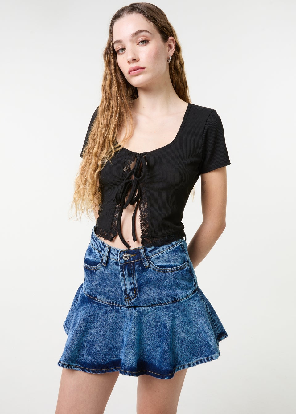 Pink Vanilla Black Ribbed Lace Tie Front Top